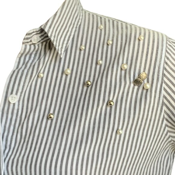 Rails "Taylor Florence Stripe Button Front Studded Pearls" XS Gray White #50L - Picture 2 of 11
